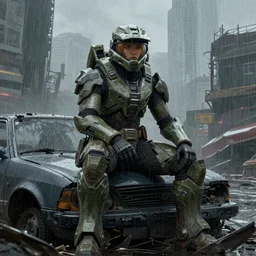 character portrait of a female warrior in halo spartan armor sitting on a broken car in a desolate cyberpunk wasteland city, symmetrical face, realistic eyes, 8 k, realistic shading, concept art, digital painting, illustration, matte painting, moody lighting, sharp focus, minimal artifacts, wet, heavy rain, rainstorm