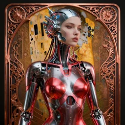 photo of a beautiful female cyberpunk cyborg, head is connected with devices, artwork by james jean, hyperdetailed realistic chrome and red metallic, jean delville, art nouveau, gustav klimt, ornate copper patina gothic icon, james jean, ultrasharp hyperdetailed photorealistic octane render, full shot
