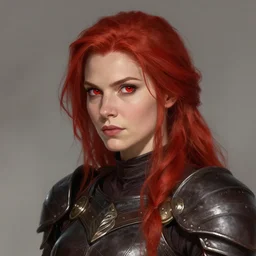 head and shoulders, red hair, red eyes, woman, dark leather armor by june jenssen and anna podedworna, artstation
