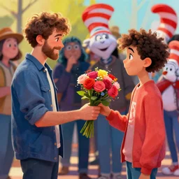 a man giving flowers to his boyfriend. lgbt digital art pastelpiece masterpiece trending on artstation by noel fielding, beeple, james gunn, gorillaz, marvel studios and dr seuss. hyper detailed art with 4 k macrolens, curated by beeple, unreal engine, art station and emmy winning gorillaz.