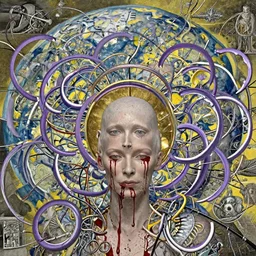 Woman masterpiece, Tilda Swinton, bald, multiple purple halos, blood dripping down the head, yellow, planet earth in the background, golden halo behind her head, wires everywhere, by Edgar Maxence and Ross Tran, Zdzisław Beksiński, and Michael Whelan, distant, gustav dore, H.R. Giger, 8k, octane render