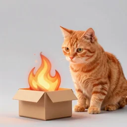 an orange cat looking into a box ~ box is on fire ~ fire ~ high - resolution photo ~