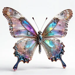futuristic mechanical butterfly, intricate complex circuitry and iridescent microchips, colorful, crystal, highly detailed, photorealistic camera shot, bright studio setting, studio lighting, crisp quality and light reflections, unreal engine 5 quality render