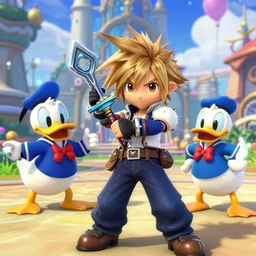 screenshot of kingdom hearts 3, Disney and final fantasy crossover, donald duck and goofy npc characters, Kingdom hearts styled gameplay, unreal engine 4, kingdom hearts 3, kingdom hearts, cartoony lighting, disneyworld at kingdom hearts, Disney inspired setting with Sora and Donald in the scene, image of an action adventure rpg, magical fantasy l, artstationHD, stunning pixar graphics, rtx on, sharp focus, sors holding the kingdom key keyblade, detailed