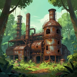 rusty abandoned factory in the style of ori and the blind forest