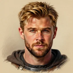 a portrait of a medieval knight drawn in the style of jim lee, face of chris hemsworth with a short beard and short blonde hair, trending on artstation, realistic, detailed