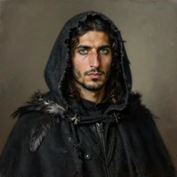 portrait painting of a middle eastern man with shoulder length hair wearing a tattered black cloak with feathers and a coat, green _ eyes, sharp focus, award - winning, trending on artstation, masterpiece, highly detailed, intricate. art by rebecca guay