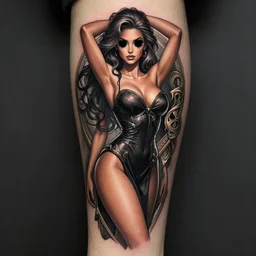 tattoo design, a highly detailed illustration of beautiful tan woman wearing black dress with black hole eyes, dramatic elegant pose, art by artgerm and greg rutowski and ilya kuvshinov, intricate, elegant, highly detailed, centered, digital painting, artstation, concept art, smooth, sharp focus, league of legends concept art, wlop, bikini