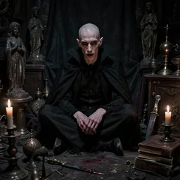 night portrait f / 1. 4 of a neurotic forty two year old british man vampire thin feeling confidant in a cluttered dark room full of ancient artifacts ( ( ( bald ) ) ) dark dusty statues runes magical arcane instruments candlesticks drapery ritual bloody knife books atmospheric hdr