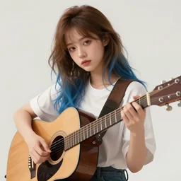 a girl with brown and blue hair with a guitar, beautiful digital art