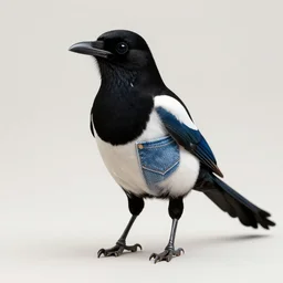 a eurasian magpie with legs made of denim, levis, tiny pockets, award winning photograph