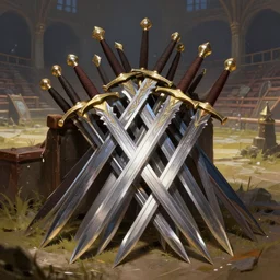 a pile of swords in an arena, fantasy, digital art, by artgerm and greg rutkowski