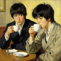 attractive 2 1 savage drinking coffee, painting by j. c. leyendecker, yoji shinkawa, katayama bokuyo
