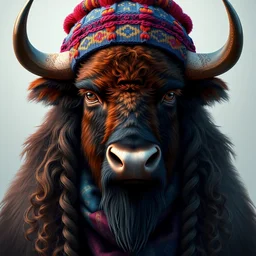 symmetry!! portrait of horned bison wearing a colorful beanie!, scarf!, long curly hair intricate, elegant, highly detailed, digital painting, artstation, concept art, smooth, sharp focus, illustration, art by artgerm and greg rutkowski and alphonse mucha, 8 k