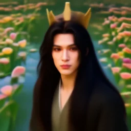 a portrait of a the king of flowers with long hairs, a pond with flowers in the background, art by James Jean and Wayne Barlowe, high detail, cinematic, cgsociety 8k