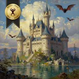 a painting of a castle in the sky, a detailed matte painting by Ansel Adams, vampire bats, lake, behance contest winner, fantasy art, matte painting, matte drawing, storybook illustration
