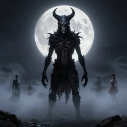 full shot portrait of angry darkness creature at moonlight, inspired by Tim Burton, Norihiro Yagi, Marc Simonetti, Amano, Juri Misaki, detailed, unreal engine 4k volumetric light, heavy fog,