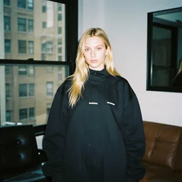 realistic photoshooting for a new balenciaga lookbook, color film photography, photo of a beautiful blonde woman, shooting inside a new york room, photo in style of tyler mitchell, 3 5 mm,