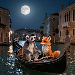Tangle the Lemur and Whisper the Fox in a gondola in Venice, night time, moonlit sky, romantic, award winning, semi-realistic, not heterosexual, wallpaper
