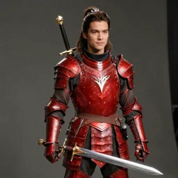 an amazon with a sword and red armour, 1 9 8 9 movie still