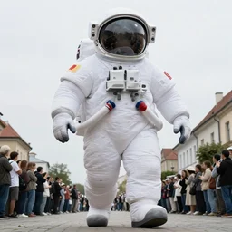 color photograph by legnica, extreme low angle long shot, white extremely oversized giant chubby fat american astronaut in spacesut with oversized helmet walking in legnica, surrounded by crowd, movie still, bokeh, canon 5 0 mm, cinematic lighting, dramatic, film, photography, depth of field, award - winning, overcast, 8 k, 3 5 mm film grain
