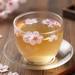 photo of sakura cherry blossom tea in a clear glass, beautiful, high detail, recipe, cinematic