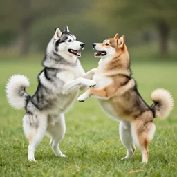 husky and colie dancing with each other