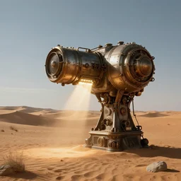 teleportation machine in a desert, light shining from the machine and illuminating the sand, style of steampunk, madmax, sci - fi