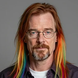 walter white with long rainbow hair, realistic, hyper realism, extremely detailed, high - quality, by pixar, disney, dreamworks