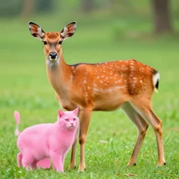 orange deer next to a pink cat