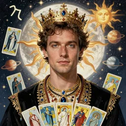 louis garrel portrait by louis - theophile hingre and alphonse mucha, realistic, sharp focus, zodiac signs, tarot cards, planets, ethereal, art nouveau, magic, moon, sun, crown, dreamy, royal, jewellery