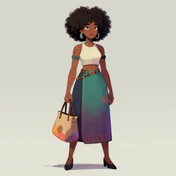 a drawing of a woman in a skirt holding a bag, a character portrait by senior character artist, trending on artstation, afrofuturism, concept art, artstation hd, 2 d game art