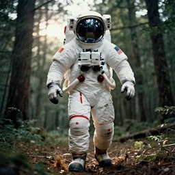 a 3 5 mm photo from the front of giant american astronaut walking in the woods, splash art, movie still, bokeh, canon 5 0 mm, cinematic lighting, dramatic, film, photography, depth of field, award - winning, backlighting, overcast, 8 k, hyper detailed, 3 5 mm film grain