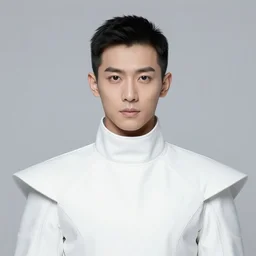 portrait of a regal prince in futuristic white clothes, high collar, sharp cheekbones, wistful expression, surrounded by a crowd of angry people