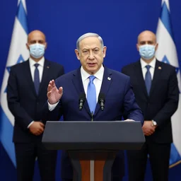 photograph of Benjamin Netanyahu giving a speech while bodyguards wearing suits and medical masks are standing behind him ,a podium is in front of him, cinematic lighting, official media, HQ, 4K, news photography