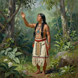 a beautiful realistic painting of an indigenous shaman, calling upon the spirits of nature, full body