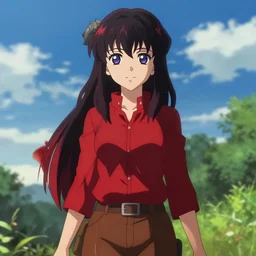 beautiful anime woman, wearing full clothing red shirt brown pants, black and red hair hair, galaxy eyes, clockpunk, symmetrical face, symmetrical eyes, full round face, short smile, detailed, summer setting, cinematic lighting, medium shot, mid - shot, makoto shinkai, artgerm, ilya kuvshinov, loish