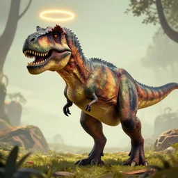 “a T-Rex with a halo above its head”