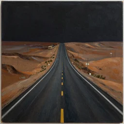 on a dark desert highway, intricate, highly detailed painting, cinematic lighting,