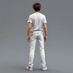 male teen wearing tattered white shirt and tattered white jean pants, back to the viewer, full body shot, 3 d render, 8 k, isolated, ya fantasy