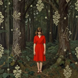a girl wearing red lost in the dark woods, 1 9 7 0 s, seventies, wallpaper, delicate embellishments, painterly, offset printing technique, by john howe, brom, robert henri, walter popp