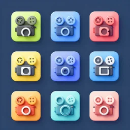 Isometric 3d octane render of film camera icons, complementary colours