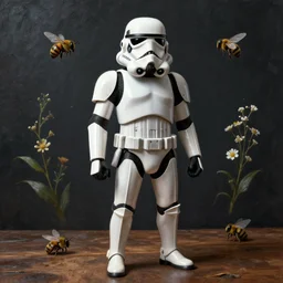 stormtrooper, giger, dark room, painting, 3 d render, bees, flowers, wooden table