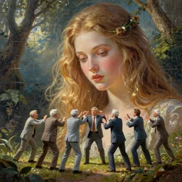tiny old white men in business suits attacking a giant nature goddess, by senior concept arist josephine wall, high resolution, puzzle art