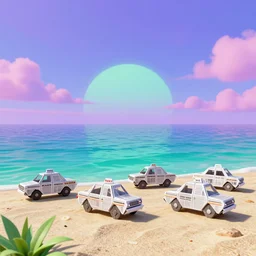 newspaper origami taxis near the shore, octane render, 3 d, psychedelic sky, clear aquamarine water