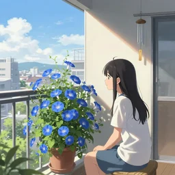 a girl sit in engawa and looking at a flower., anime key visual, a pot of blue morning glories with long vines is blooming on the balcony of an apartment building. a wind chime hangs by the window. outside, the summer sky and a japanese city can be seen. highly detailed, digital painting, artstation, concept art, sharp focus