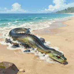 a beached sea serpent washing up on the shore of a beach concept art by jaime jones, cgsociety, fantasy art, concept art, artstation hd, deviantart hd.