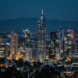 a beautiful futuristic city skyline at night with mountains in the background, brisbane, scifi, cyberpunk