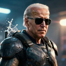 joe biden with sunglasses in gears of war, splash art, movie still, cinematic lighting, ray tracing, octane render, long lens, shallow depth of field, bokeh, anamorphic lens flare, 8 k, hyper detailed, 3 5 mm film grain