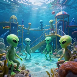 aliens of different colors playing in a mind - blowing underwater playground, photorealistic, detailed
